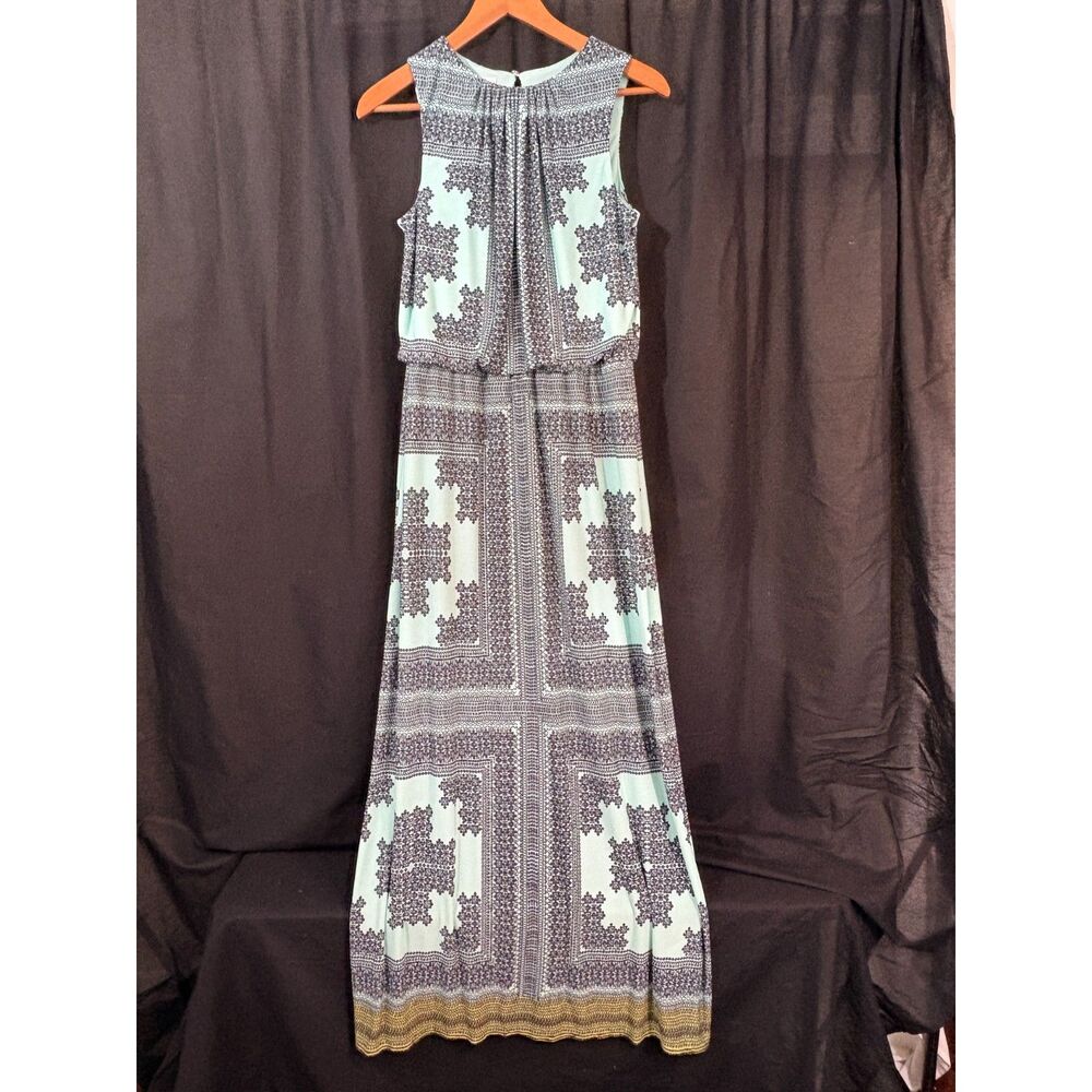 London Times Maxi Dress Size 8 Mint Black Geometric Border Print Boho Sleeveless
